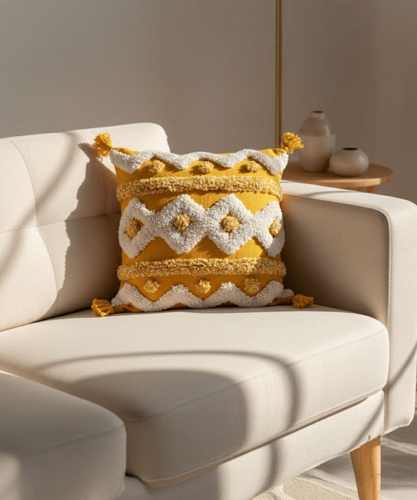 Mango Duet – Hand Tufted Geometric | 100% Cotton Throw Pillow Cover with Tassels | 16x16