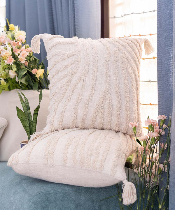 Ivory Echo Geometric Boho 100% Cotton Throw Pillow Cover with Tassels | 16x16