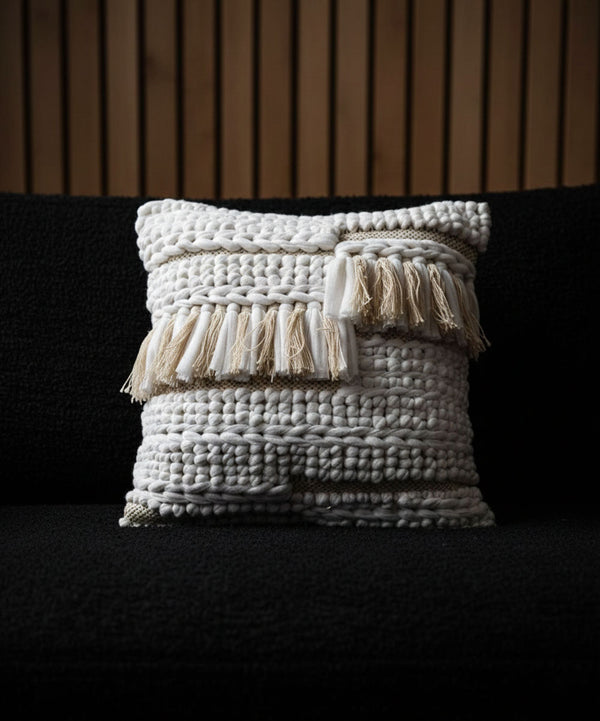 Nordéa Woven Elegance Pillow | 100% Cotton Throw Pillow Cover with Tassels | 16x16