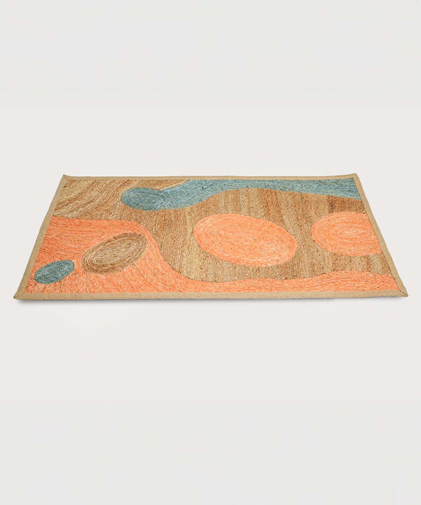 Coral & Sky Starry Currents – Art Weave Jute Rug | Handmade | 90% Jute 10% Cotton | 28×56 in