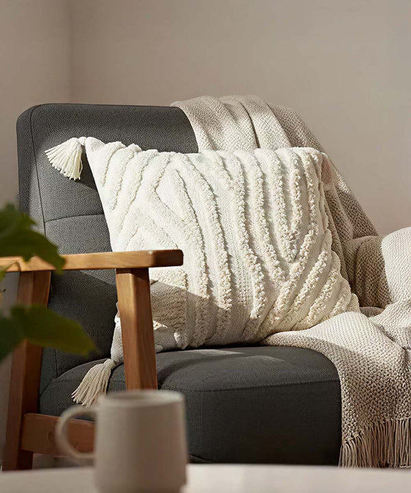 Ivory Echo Geometric Boho 100% Cotton Throw Pillow Cover with Tassels | 16x16