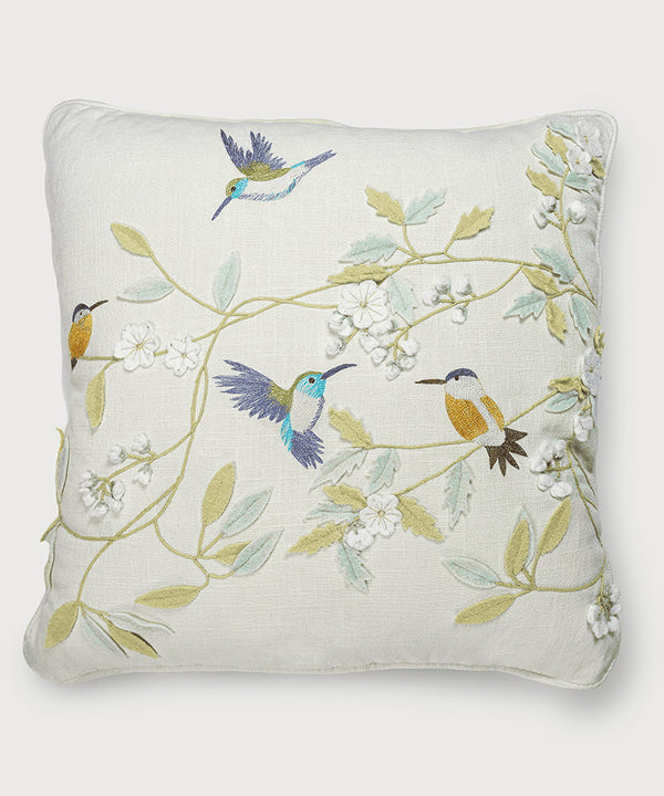 Botanical Bird Hand Embroidered| Textured Cotton Throw Pillow Cover | 18x18