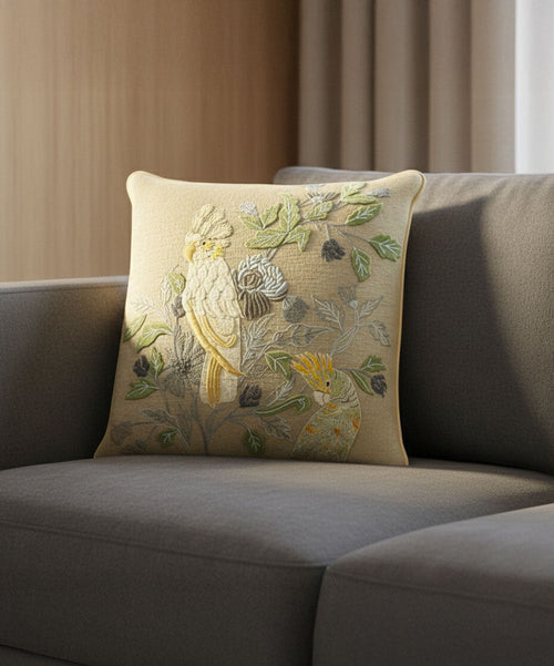 Cockatoo Carnival Hand Embroidered Throw Pillow Cover | 24x24 | 100% Cotton