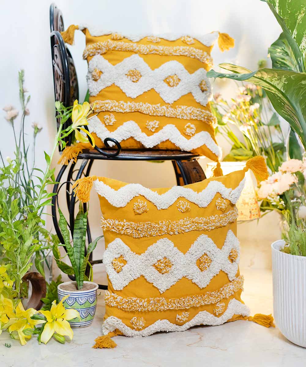 Mango Duet – Hand Tufted Geometric | 100% Cotton Throw Pillow Cover with Tassels | 16x16
