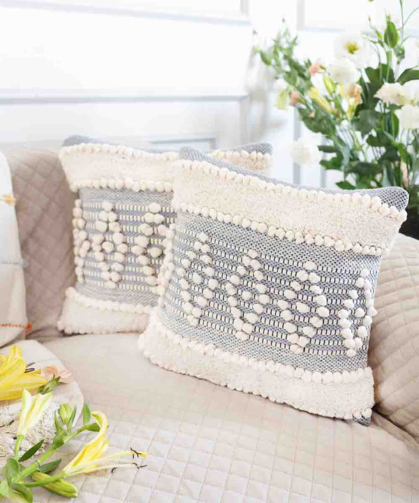 Mira Hand Tufted Bands Geometric Throw Pillow Cover | Mist Blue| 16x16