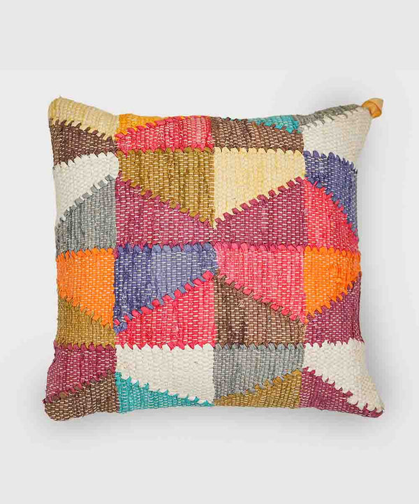 Patchwork Fiesta Throw Pillow Cover – 100% Cotton Chindi | 18" × 18" | Handwoven Patch Detail