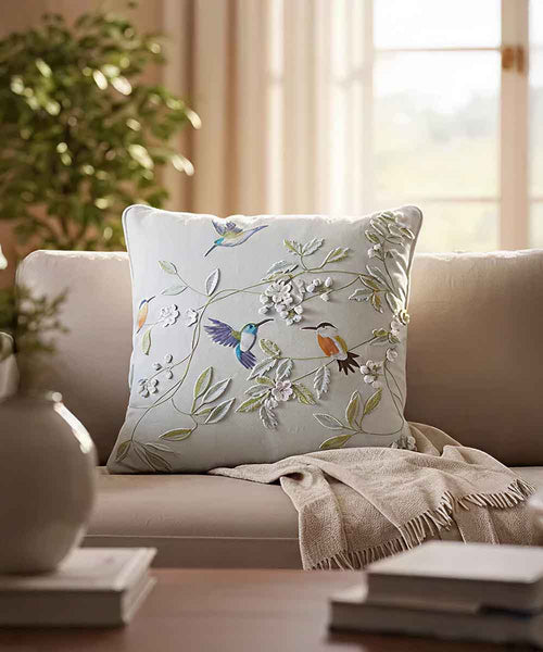 Botanical Bird Hand Embroidered  | Textured Cotton Throw Pillow Cover | 18x18