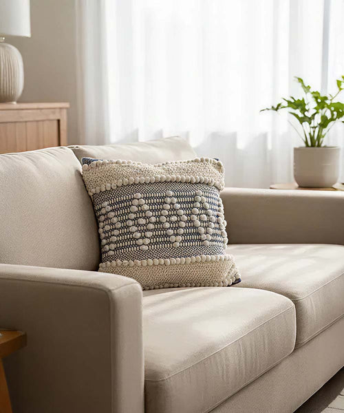 Mira Hand Tufted Bands Geometric Throw Pillow Cover | Mist Blue  | 16x16