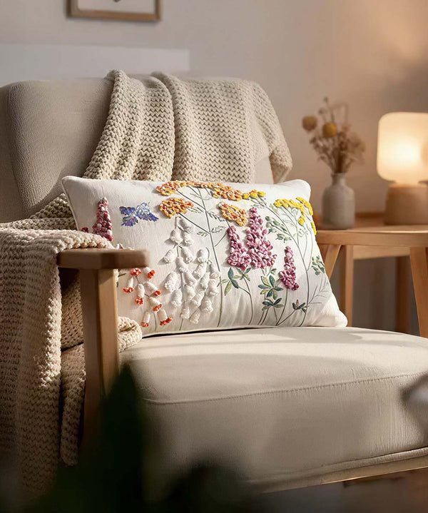 The Humming Bloom Hand Embroidered Throw Pillow Cover | 14x20 | 100% Cotton